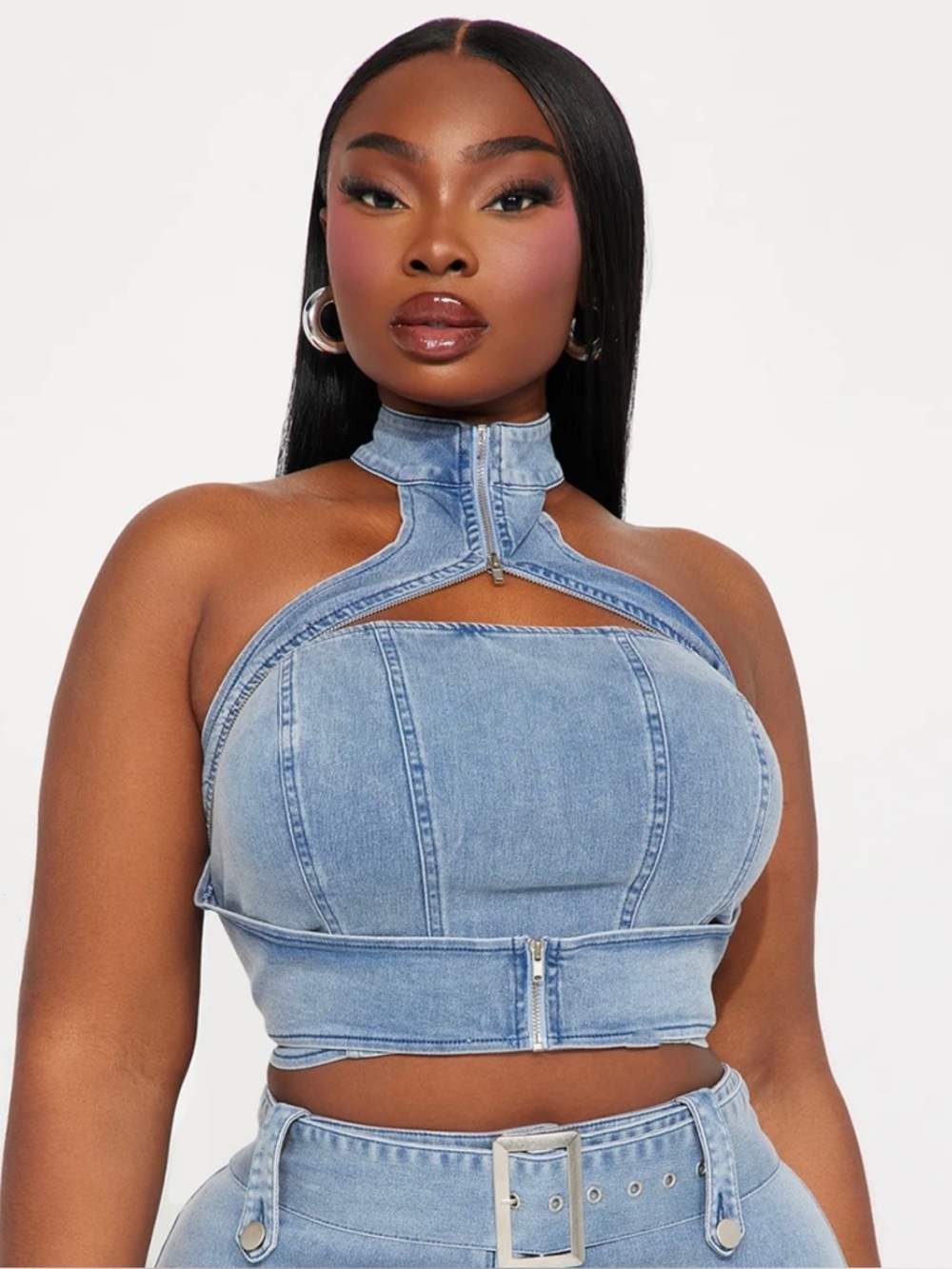 Fashion Nova Light Wash Denim Halter Crop Top